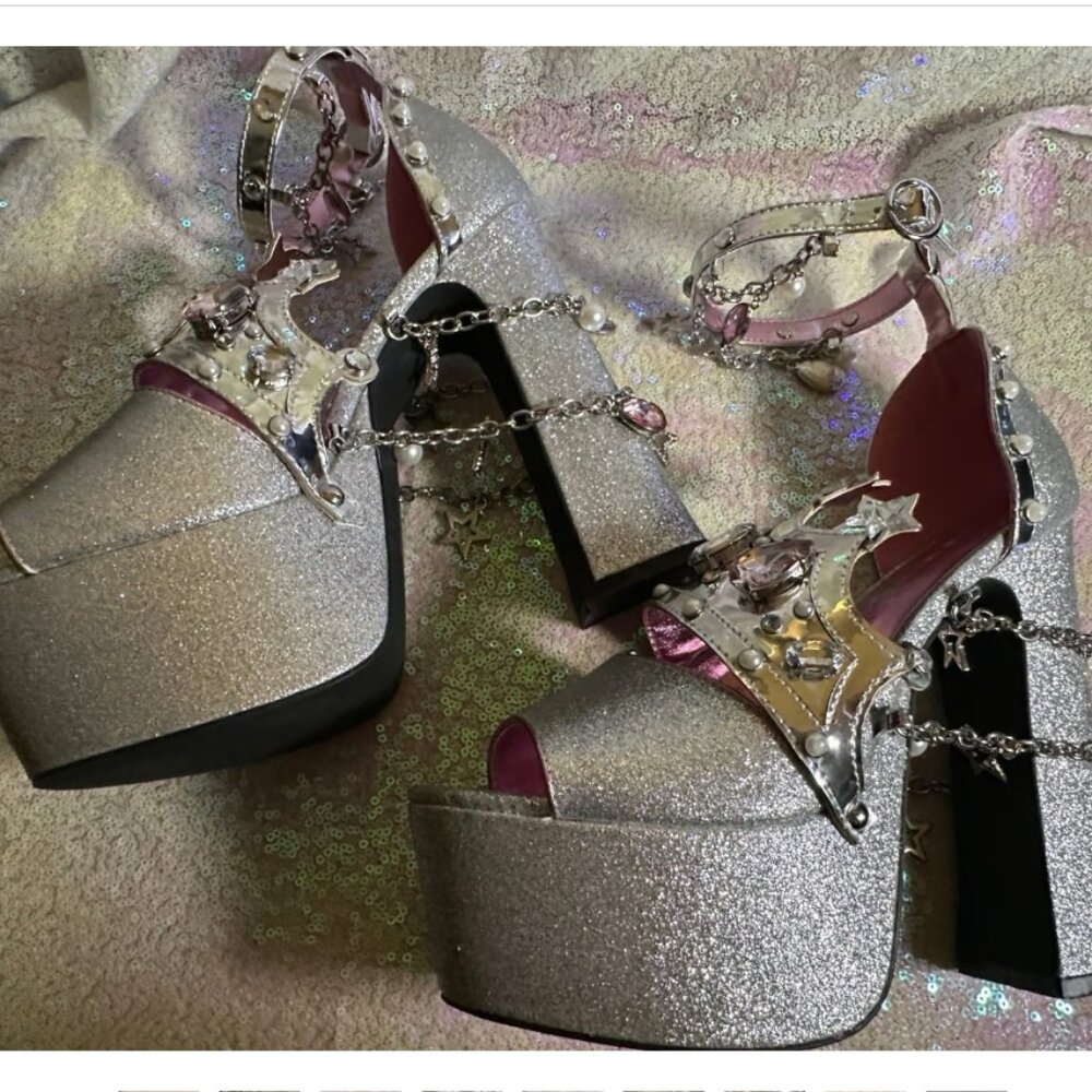 Dolls Kill Wizard Of Oz Glinda Glitter Charm Platform Heel Jewel Princess Chain - Picture 7 of 8